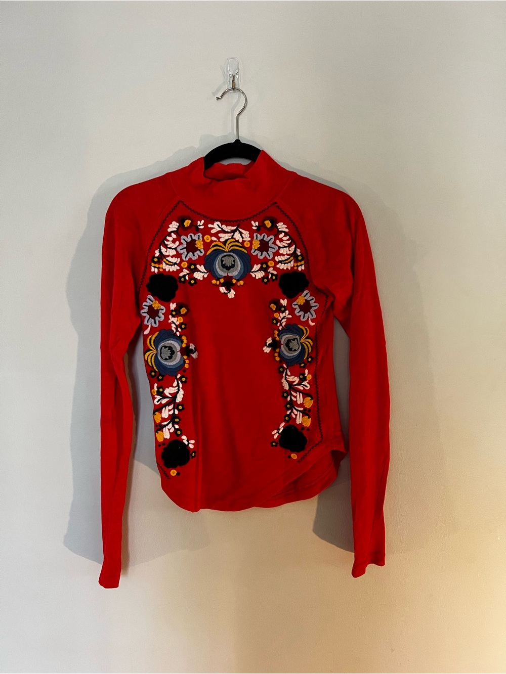 Free People Red Embroidered Mock Neck Long Sleeve Top